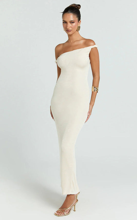 Isabel Midi Dress - Twist Off Shoulder Bodycon Dress in Cream