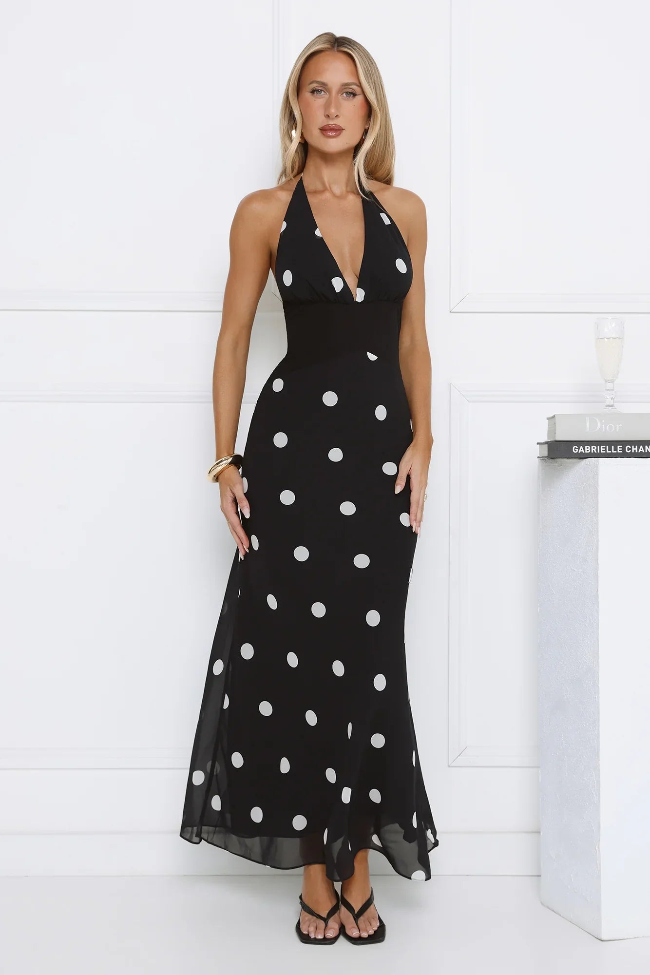 Polka Dot Parade Halter Maxi Dress Black