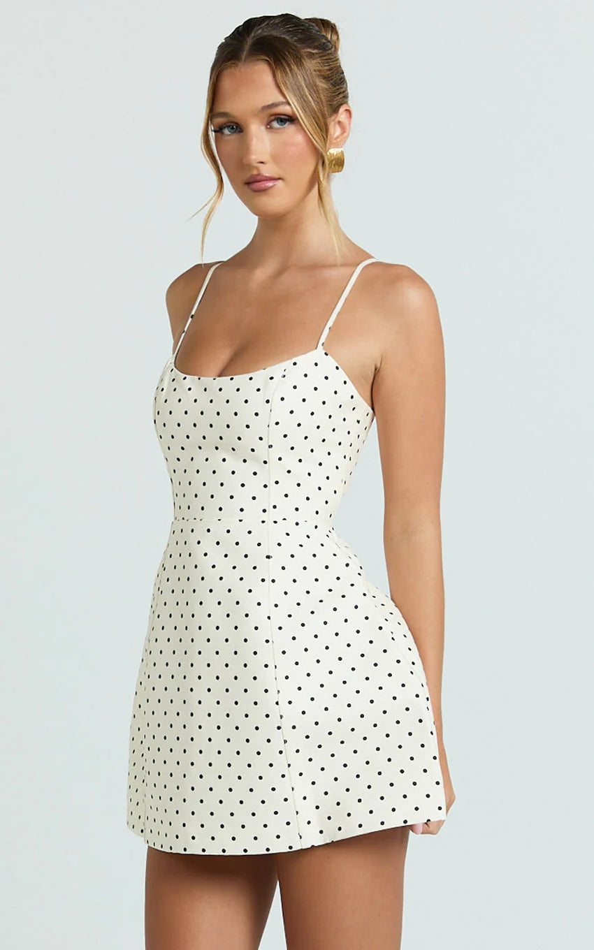 Carolina Mini Dress - Scoop Neck Panel Bodice Dress in White Polka Dot
