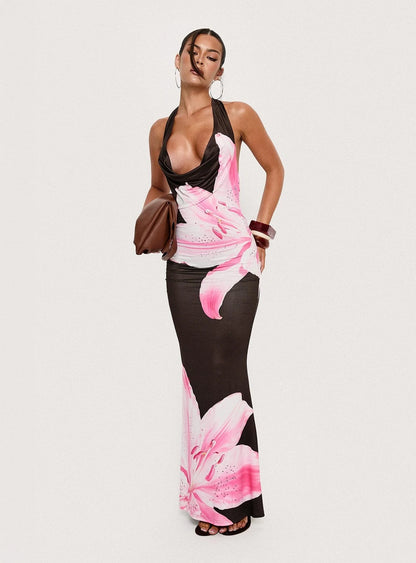 Kanara Halter Plunge Maxi Dress Chocolate / Pink Floral