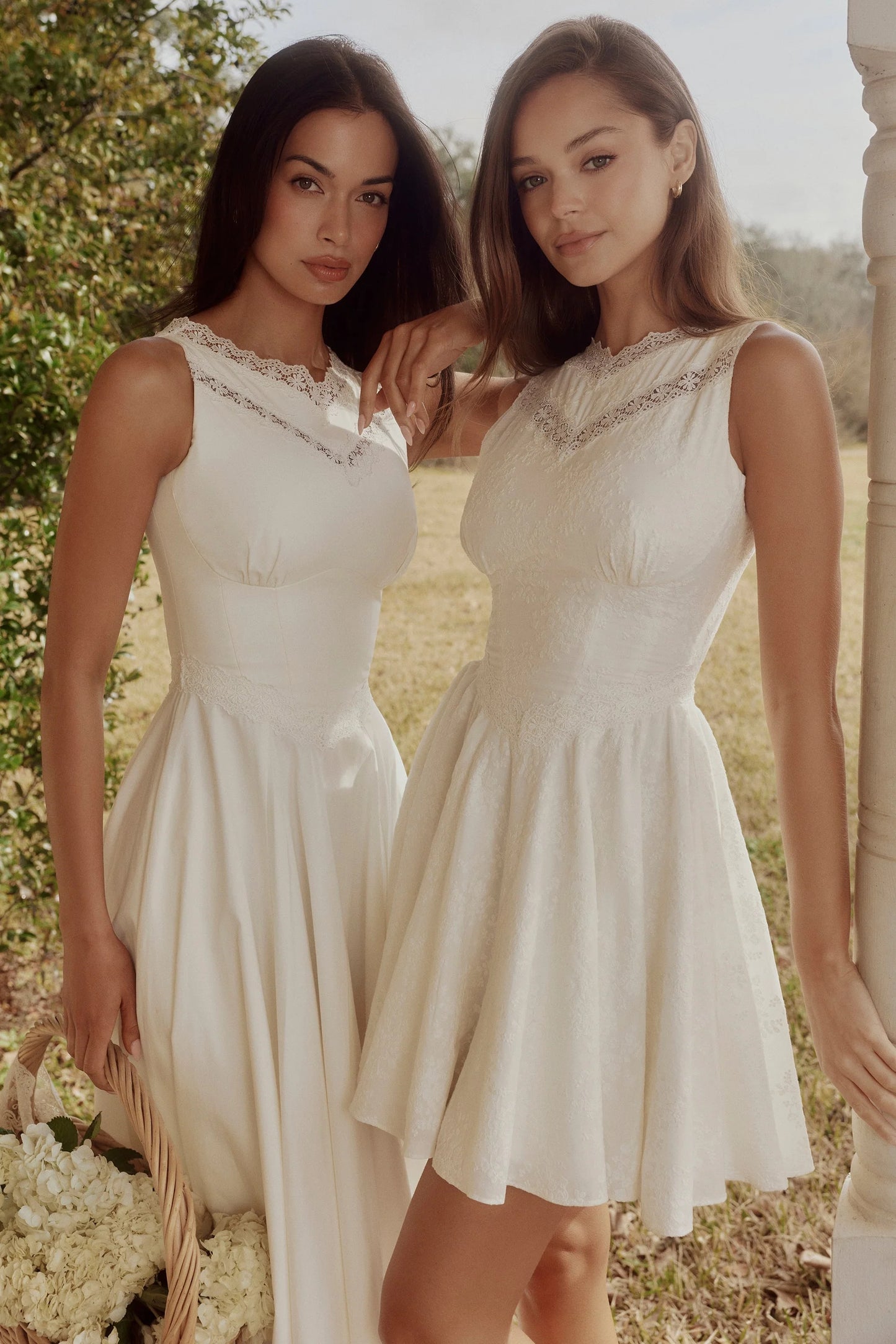 white cotton lace trim waist cinch midi dress
