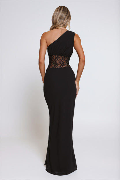 Lace Desire One Shoulder Maxi Dress Black