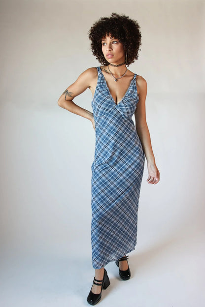 Mesh Plaid Cami Plunge Maxi Dress