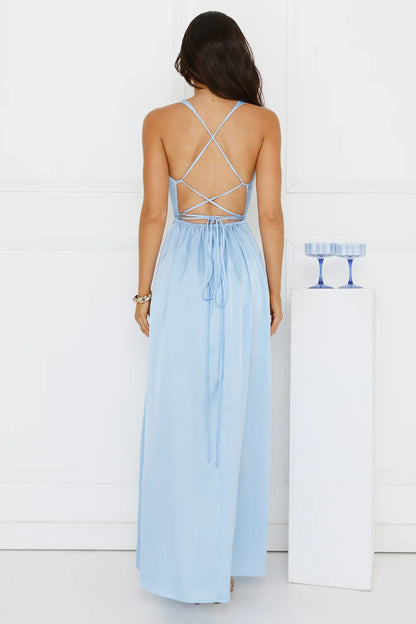 Lush Whispers Satin Maxi Dress Blue