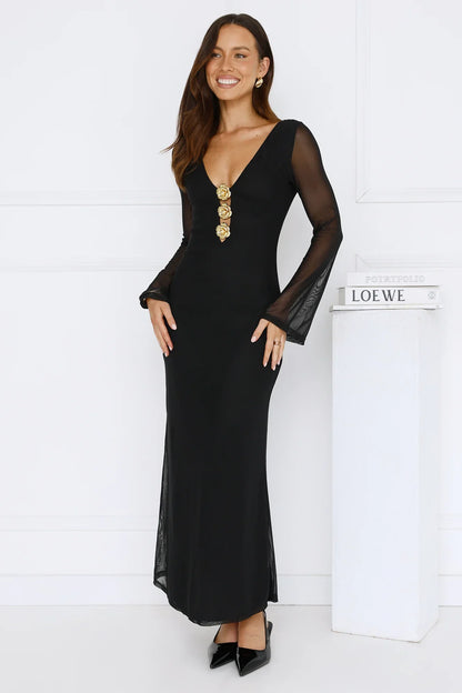 Golden Flower Mesh Long Sleeve Maxi Dress Black