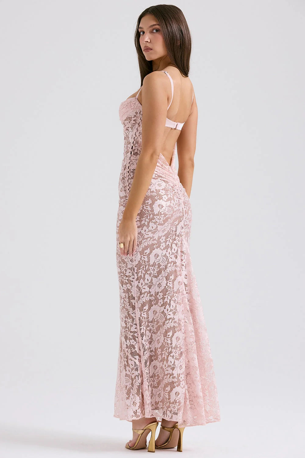 rose pink lace godet gown