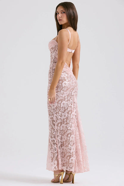 rose pink lace godet gown