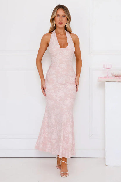 Coconut Whirl Halter Maxi Dress Pink