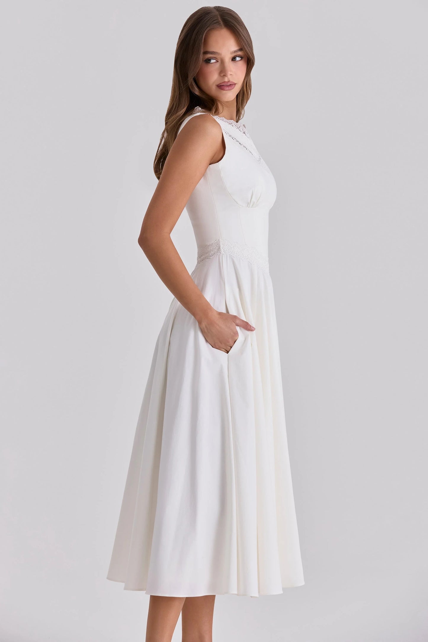 white cotton lace trim waist cinch midi dress