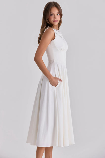 white cotton lace trim waist cinch midi dress