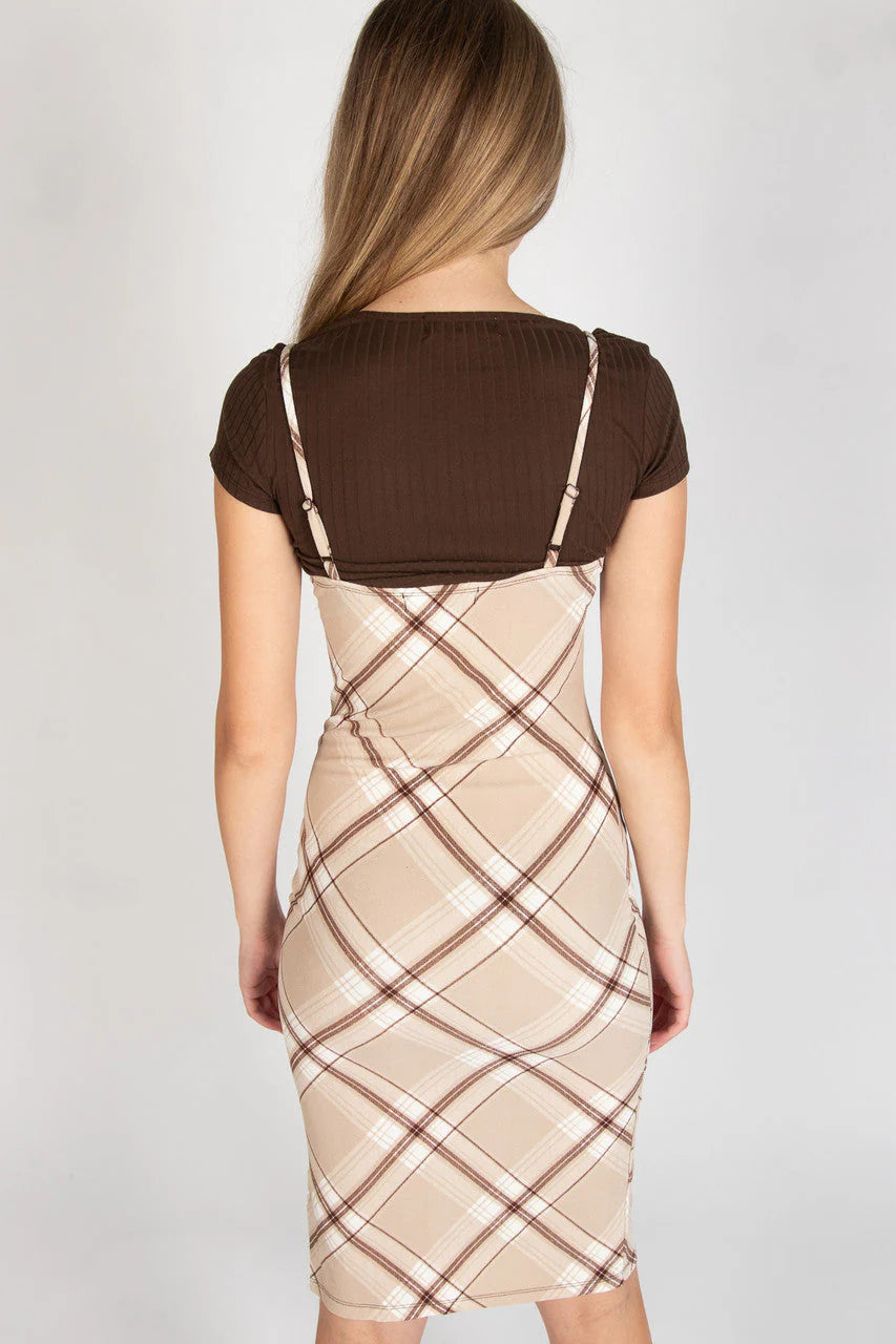 Lace Trim Plaid Midi Dress With Tee