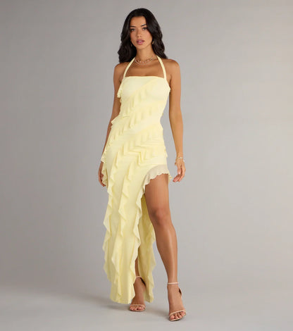 Blake Mesh Halter Slit Ruffle Formal Dress