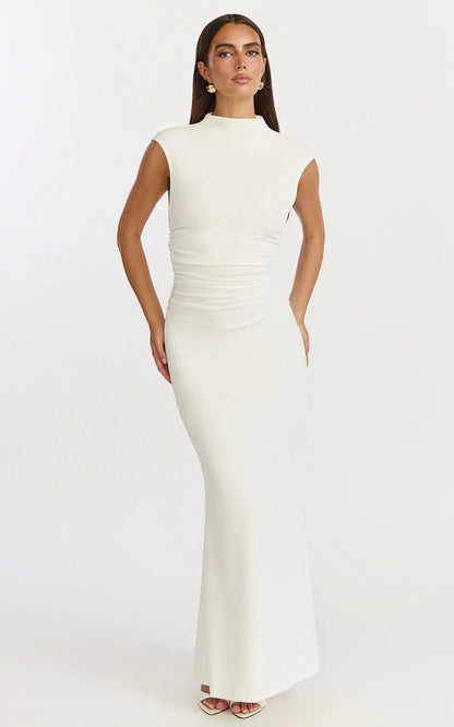 Eira Maxi Dress - High Neck Cap Sleeve Maxi Dress in White