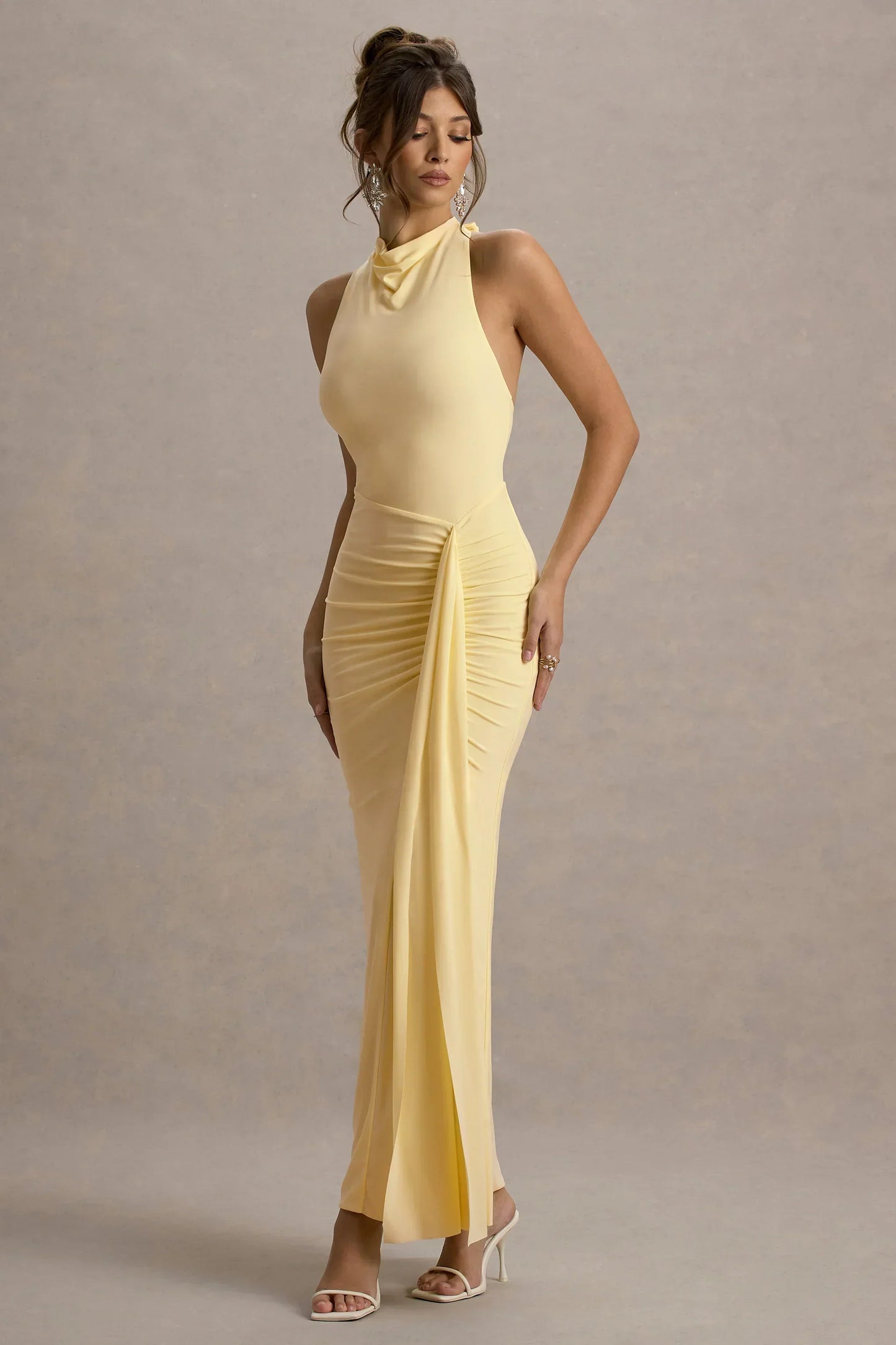 Sunflower | Pale Lemon Ruched High-Neck Split Maxi Dress