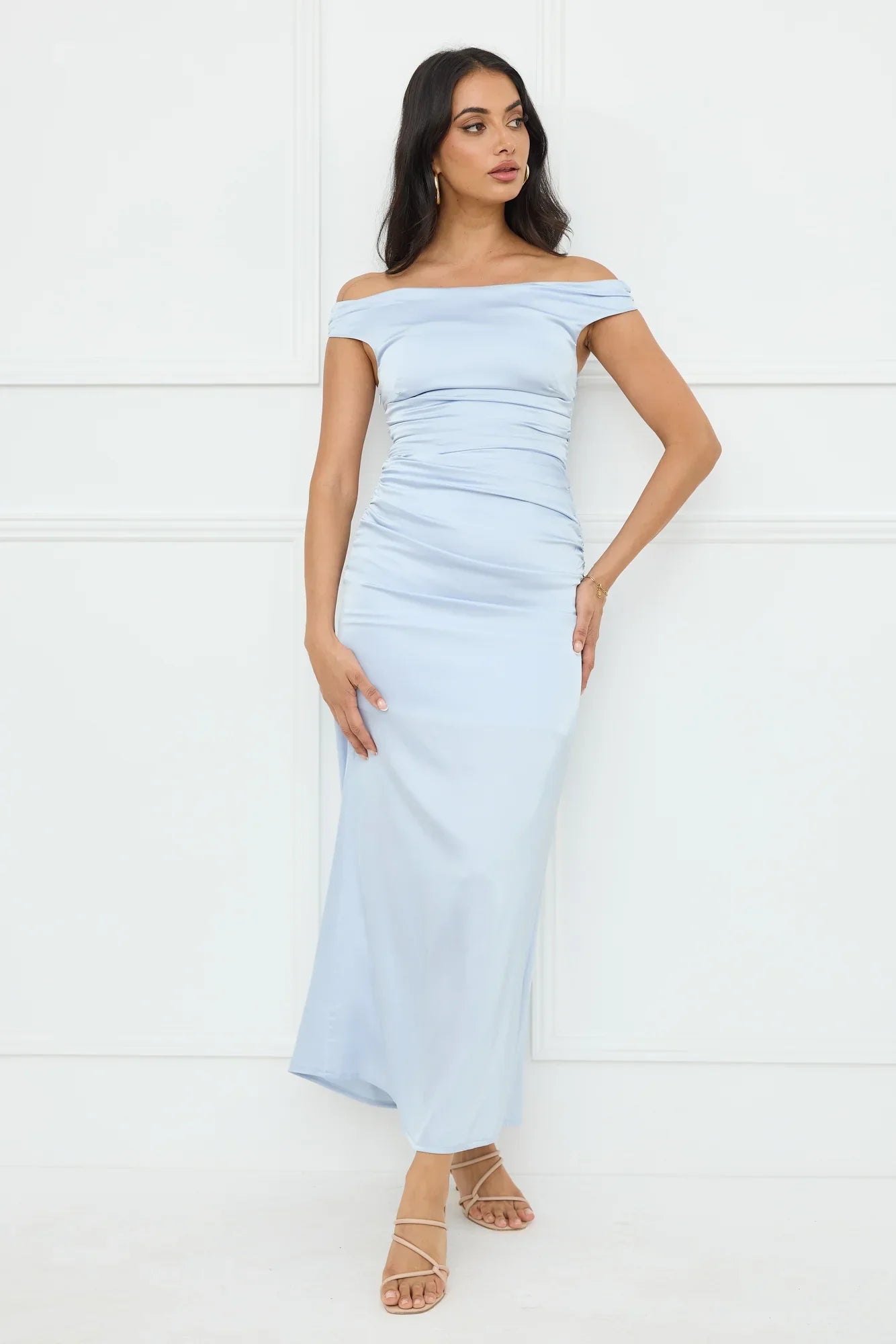 Polished Radiance Off Shoulder Satin Maxi Dress Blue