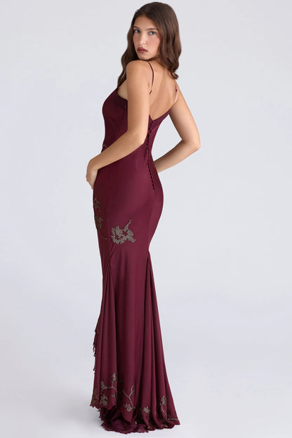 plum hand beaded embellished satin maxi gown - limited edition