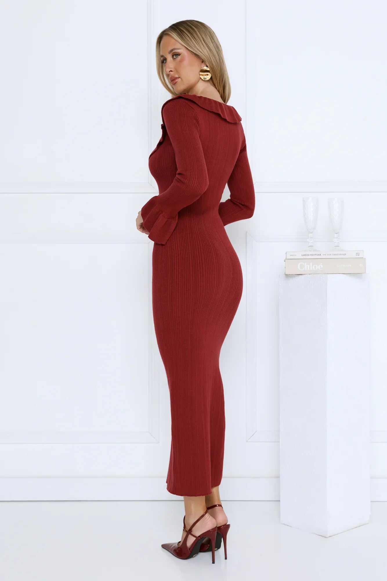 Night Style Ribbed Maxi Dress Burgundy