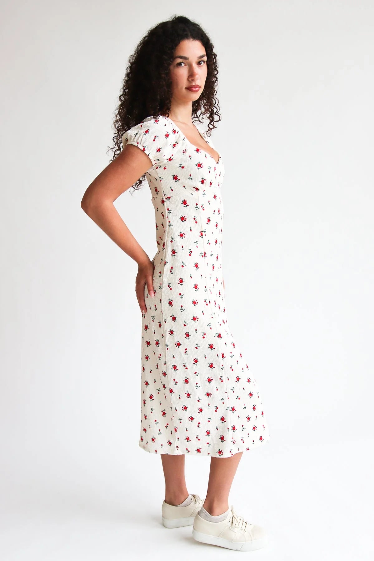 Rose Print Empire Waist Puff Sleeve Dress