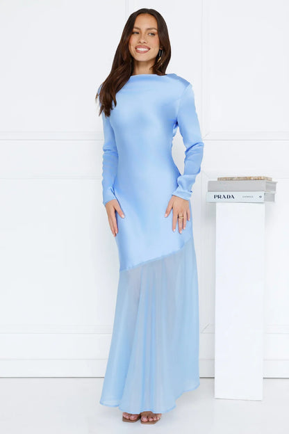 Exquisite Luxury Satin Long Sleeve Maxi Dress Blue