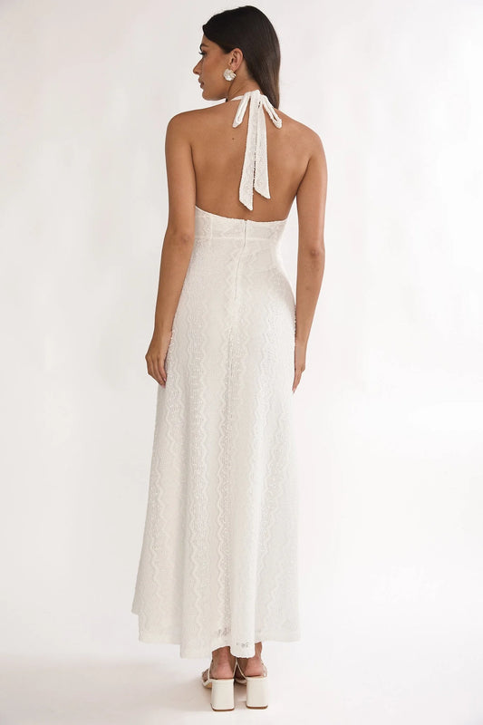 Beaucoup Lace Overlay Halterneck Maxi Dress Cream