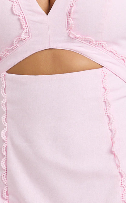 Carolyn Mini Dress - V Neck Puff Sleeve Dress in Pale Pink