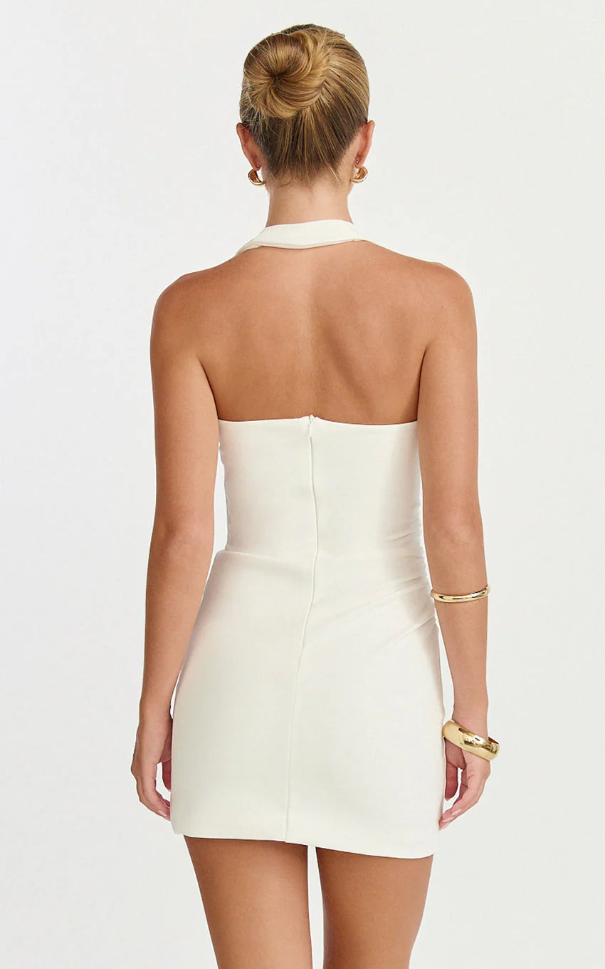 Lucinda Mini Dress - Scoop Neck Ruched Bodycon Dress in White