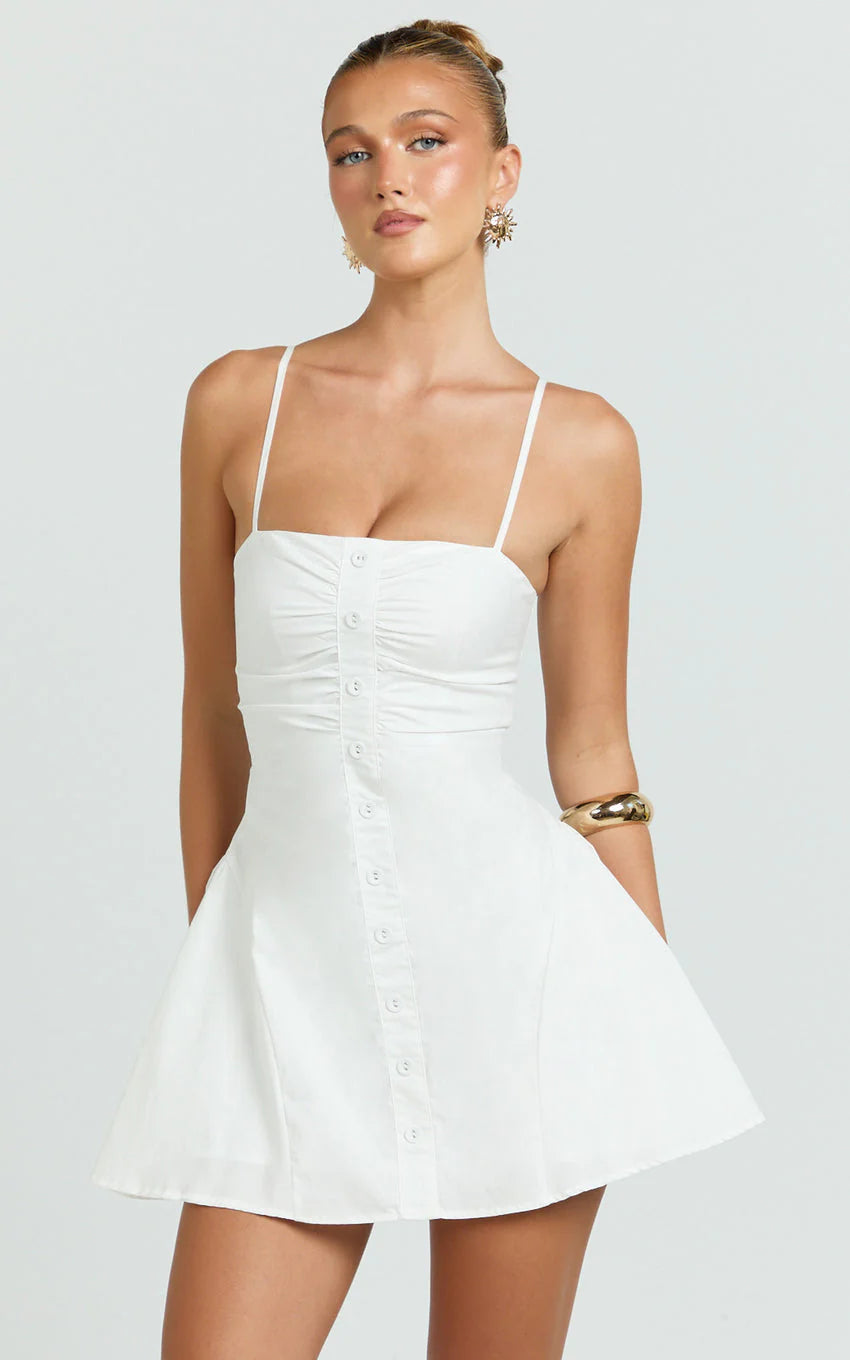 Monet Mini Dress - Button Down Ruched Front Fit And Flare Dress in Off White