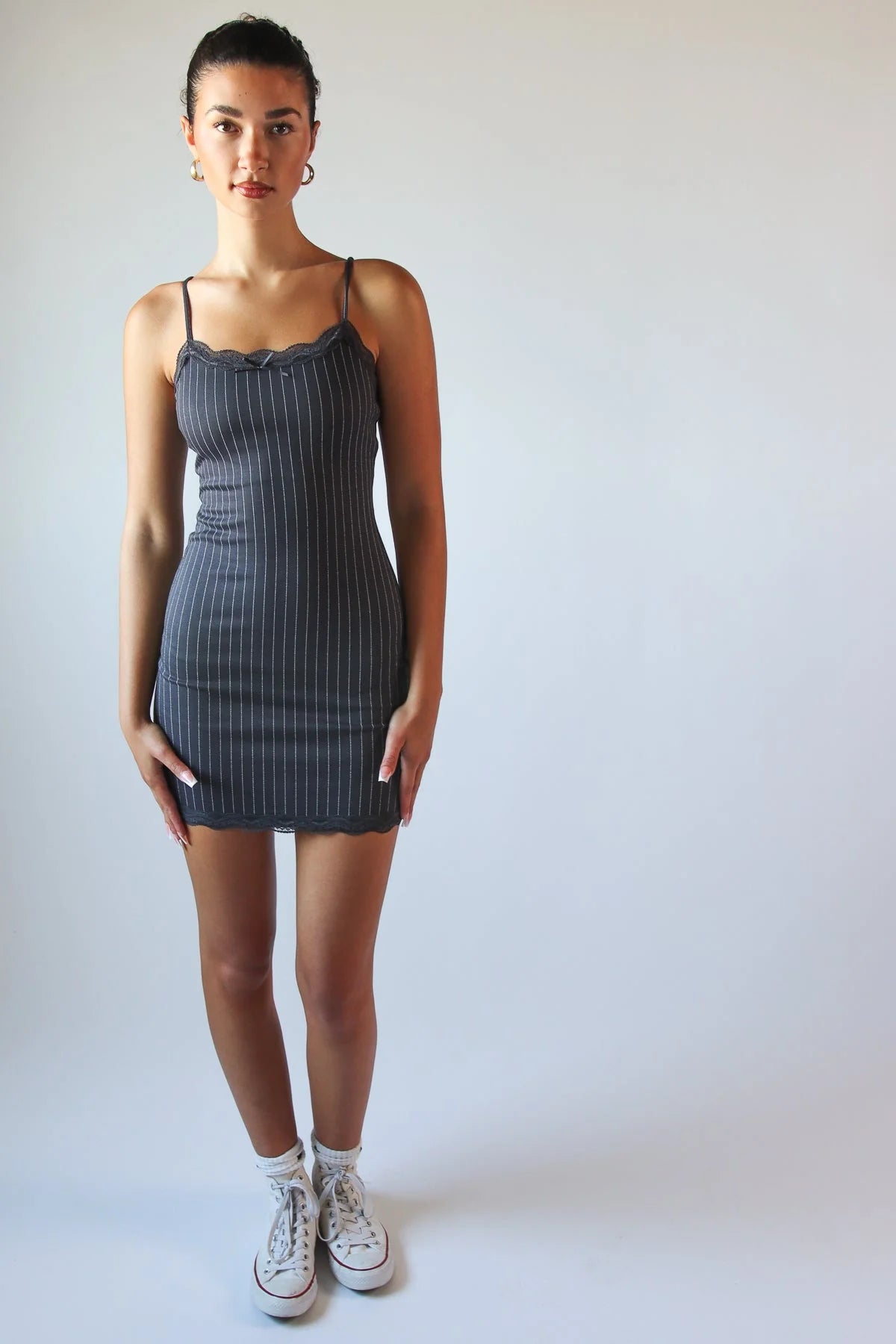 Lace Trim Pinstripe Mini Dress
