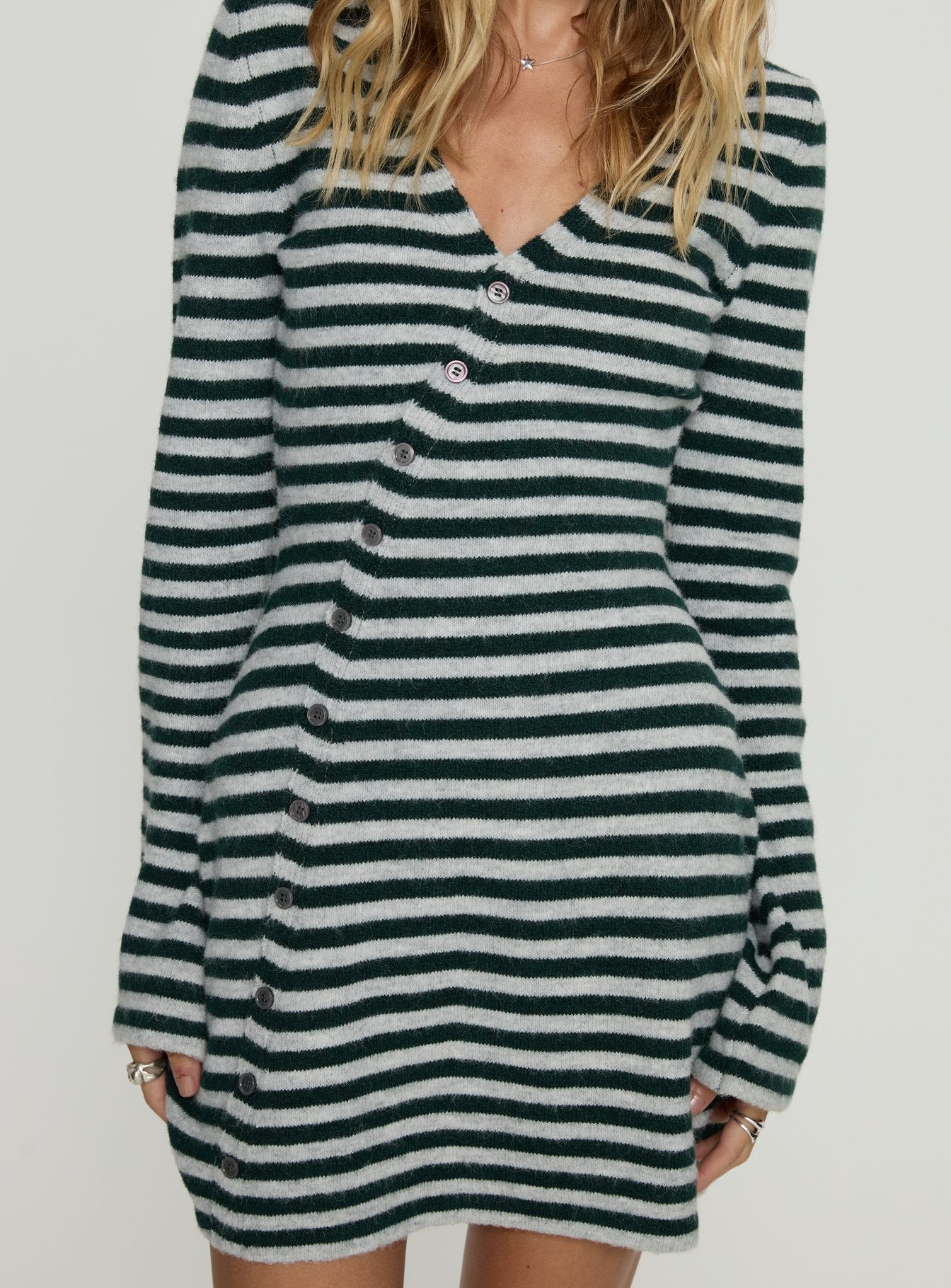 Morgen Asymmetrical Long Sleeve Mini Dress Grey / Green Stripe