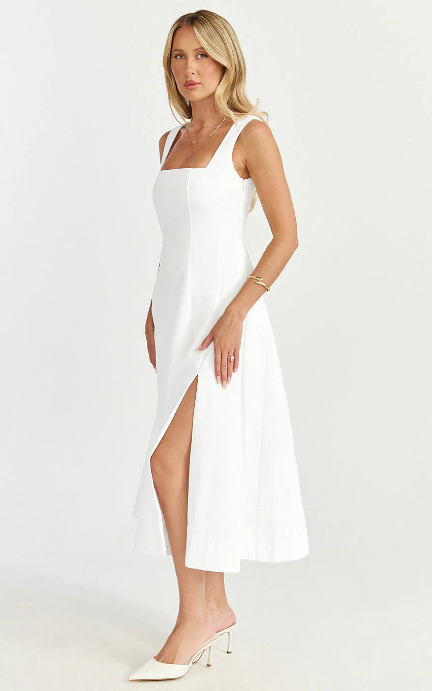 Walters Midi Dress - Square Neck Shirred Back Fit and Flare Panel Dress in White