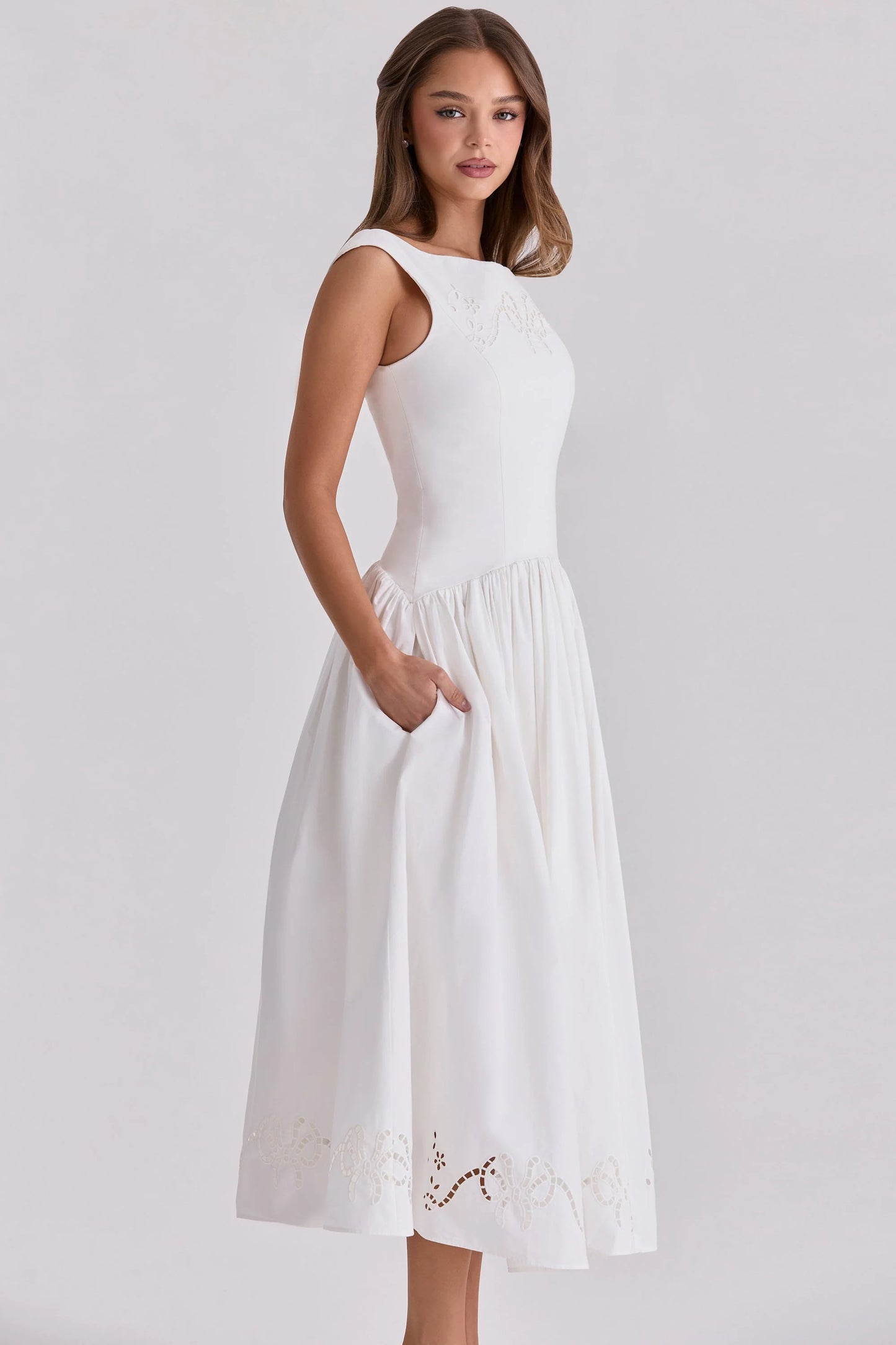 white cotton broderie anglaise boat neck maxi dress