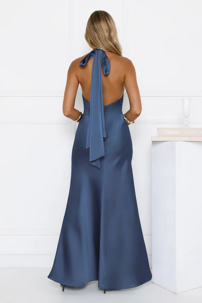 Glitz Gathering Halter Satin Maxi Dress Navy