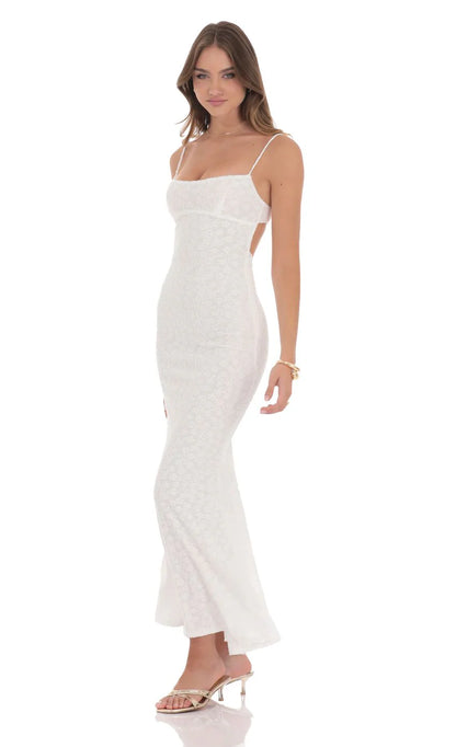 Textured Floral Maxi Dress in White