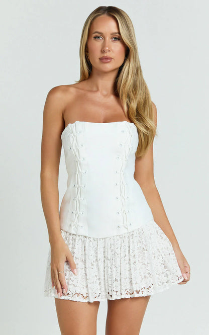 Emerie Mini Dress - Strapless Drop Waist Pleated Dress in Cream
