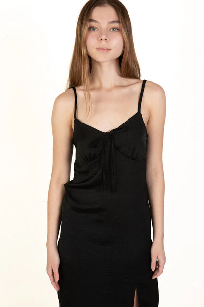 Black Satin Tie Front Maxi Dress