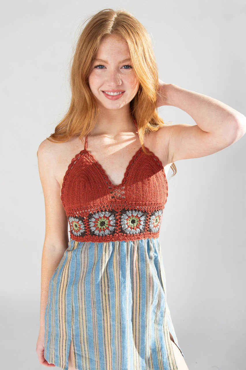 Crochet Top Striped Skirt Mini Dress
