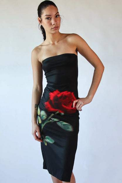 Rose Graphic Mesh Midi Tube Dress