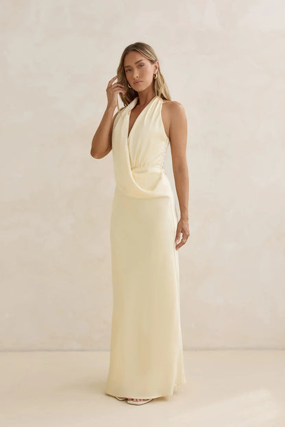 Charm Of Yours Satin Halter Maxi Dress Yellow