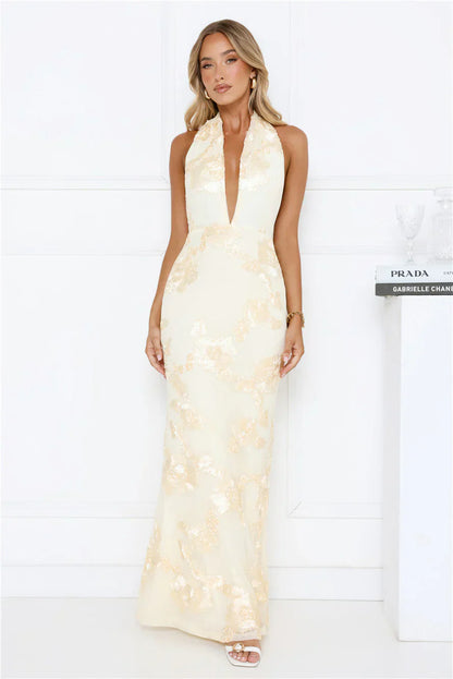 Daydream Kiss Halter Mesh Maxi Dress Yellow