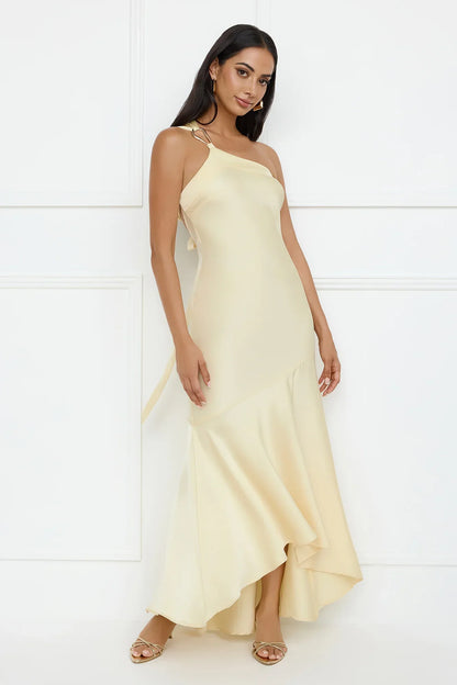 Masquerade Energy One Shoulder Satin Maxi Dress Yellow