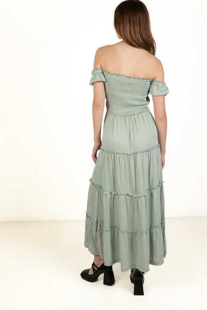 Spring Green Over The Shoulder Tiered Maxi Dress