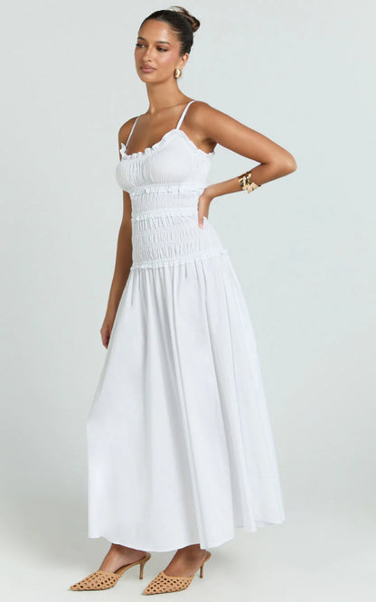 Cami Midi Dress - Rushed Bodice Dress in White