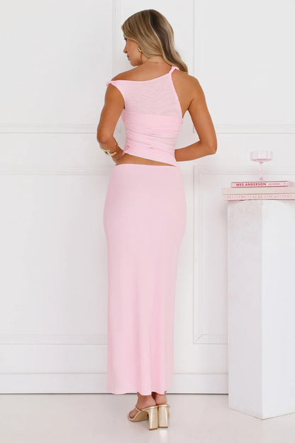 Everyday Pretty Off Shoulder Mesh Maxi Dress Pink