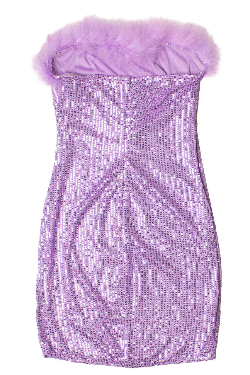 Sequin Fur Trim Strapless Mini Dress
