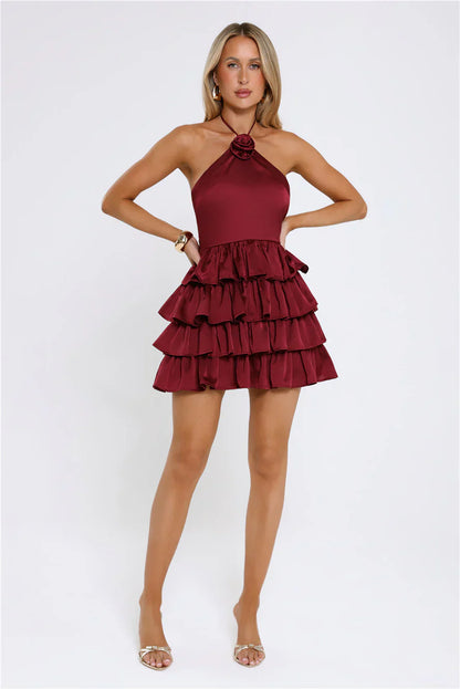 Moonlit Star Halter Satin Mini Dress Burgundy