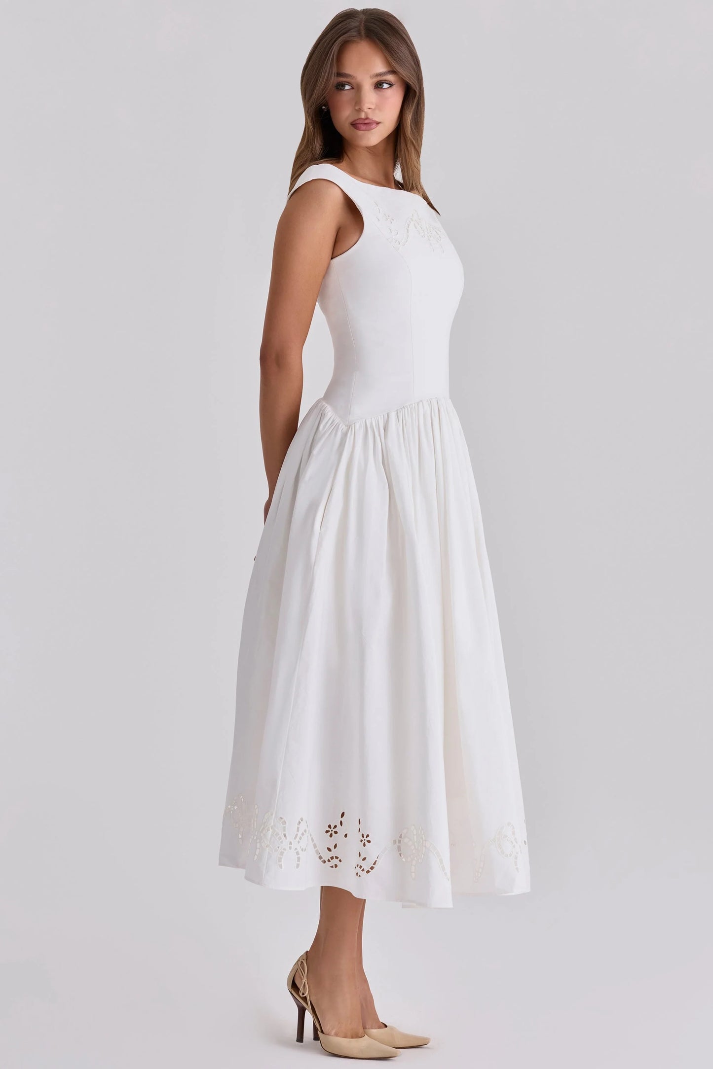 white cotton broderie anglaise boat neck maxi dress
