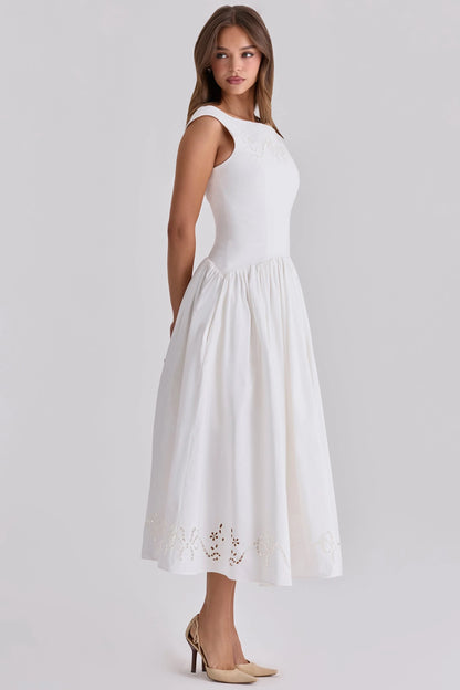white cotton broderie anglaise boat neck maxi dress