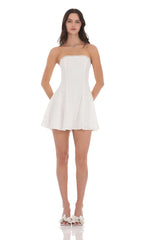 Eyelet Floral Strapless Dress in White