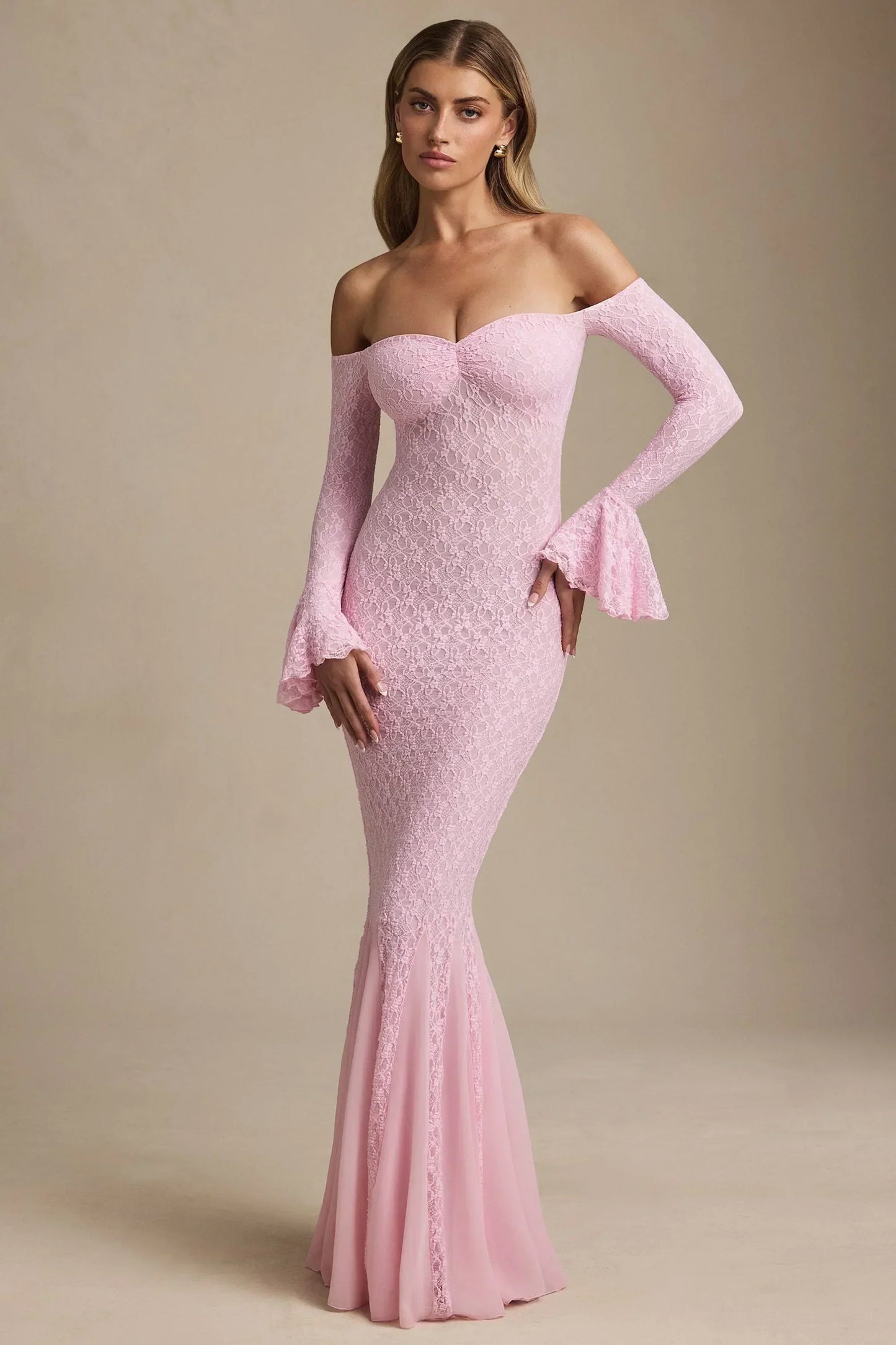 Off-Shoulder Ruffle Lace Maxi Dress in Soft Pink