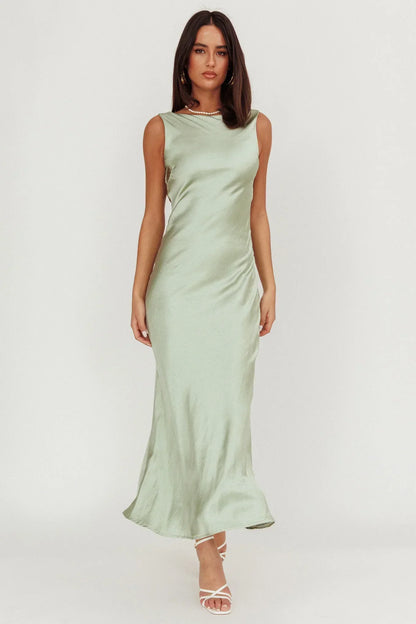 Carmine Satin Sleeveless Maxi Dress Sage
